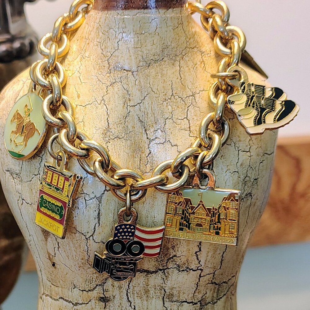 Vtg Agatha Paris Gold Tone Charm Bracelet Polo Hotel Normandy Casino Movies